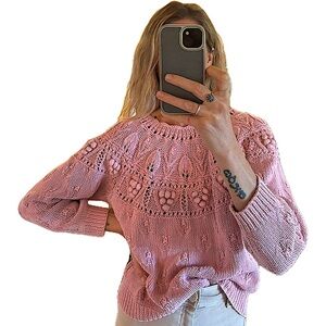 UNREAL Vintage Dusty Pink Knit Woven Crochet Cotton Sweater Jumper Pullover